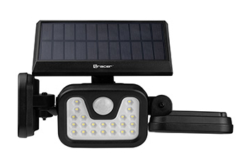 Czarny reflektor solarny z czujnikiem ruchu i wieloma diodami LED.