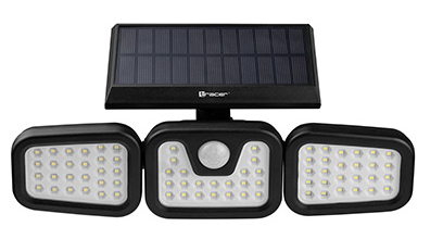 Czarny reflektor solarny z trzema głowicami i czujnikiem ruchu.