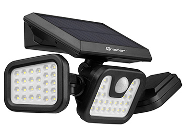 Czarny zewnętrzny reflektor solarny z trzema regulowanymi światłami i czujnikiem ruchu.