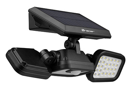 Czarny reflektor solarny z dwiema regulowanymi głowicami LED i czujnikiem ruchu.