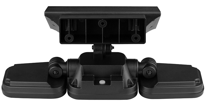 Czarny reflektor LED z trzema regulowanymi głowicami i uchwytem montażowym.