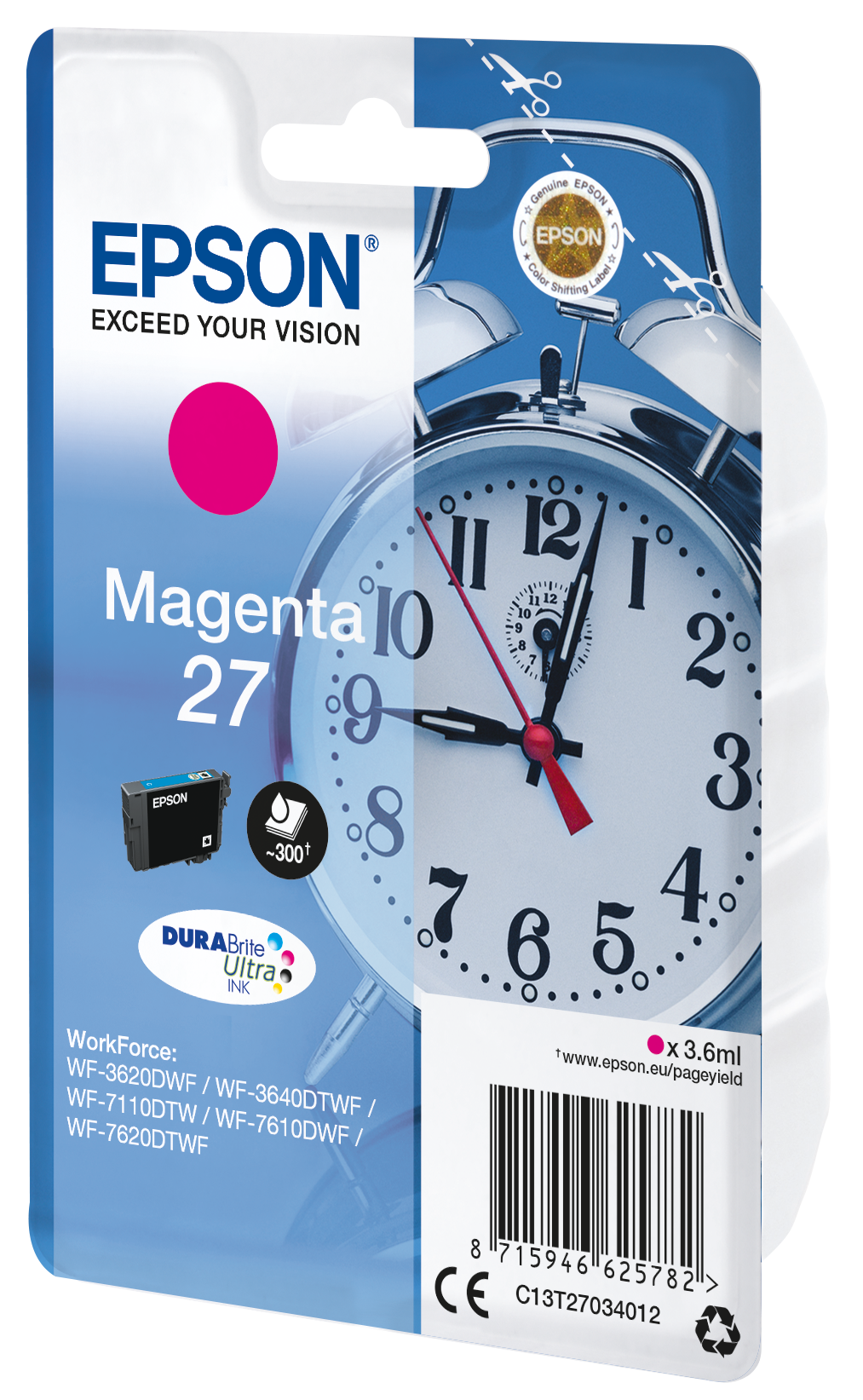 Opakowanie tuszu Epson z grafiką budzika i szczegółami produktu.