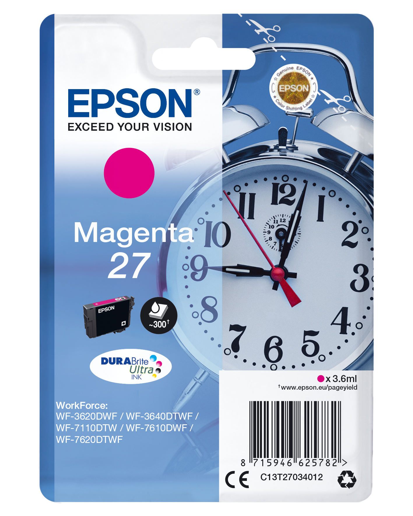 Tusz Epson Magenta 27 na tle budzika.