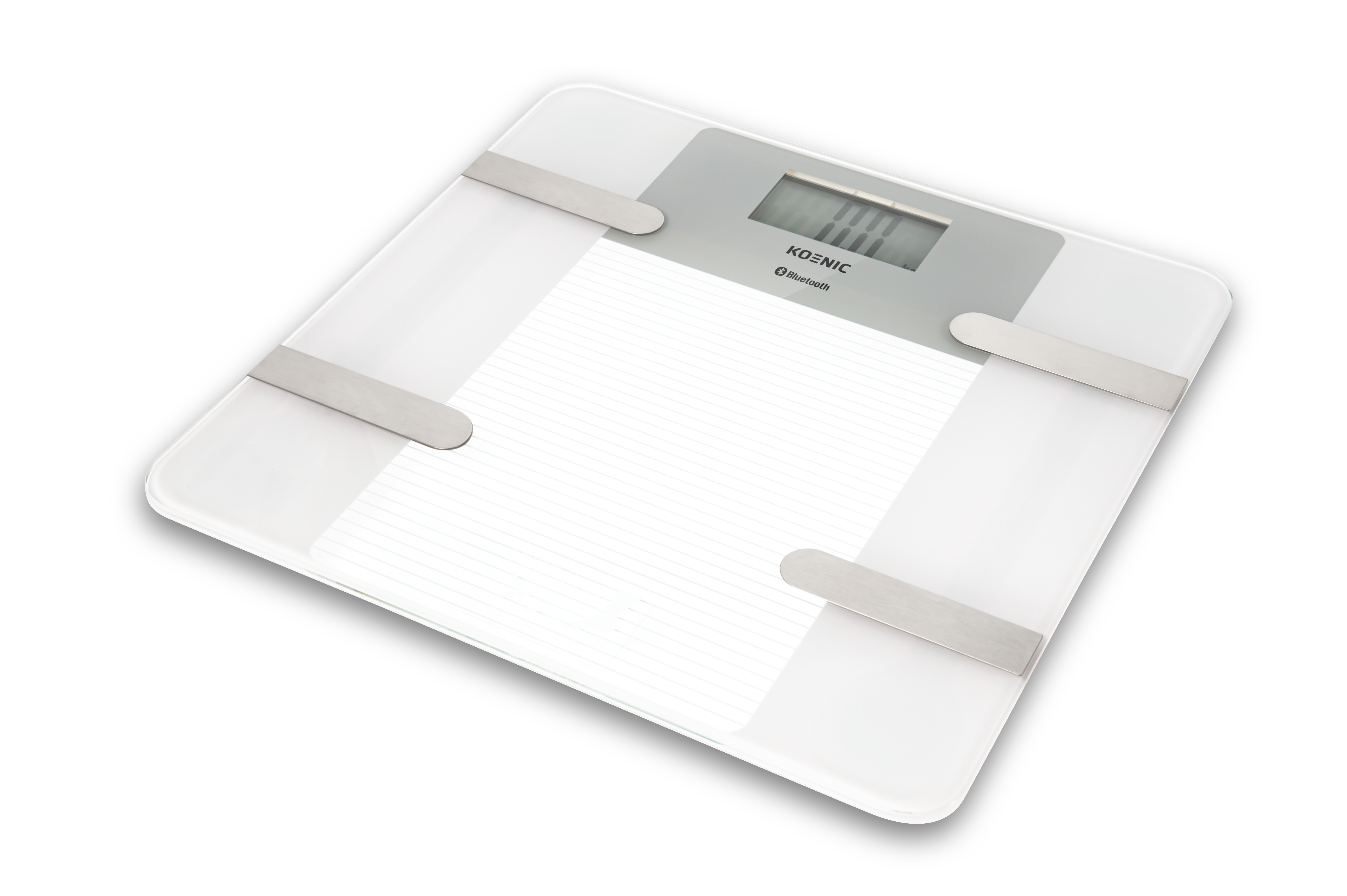 Biała cyfrowa waga osobista z srebrnymi akcentami i wyświetlaczem.