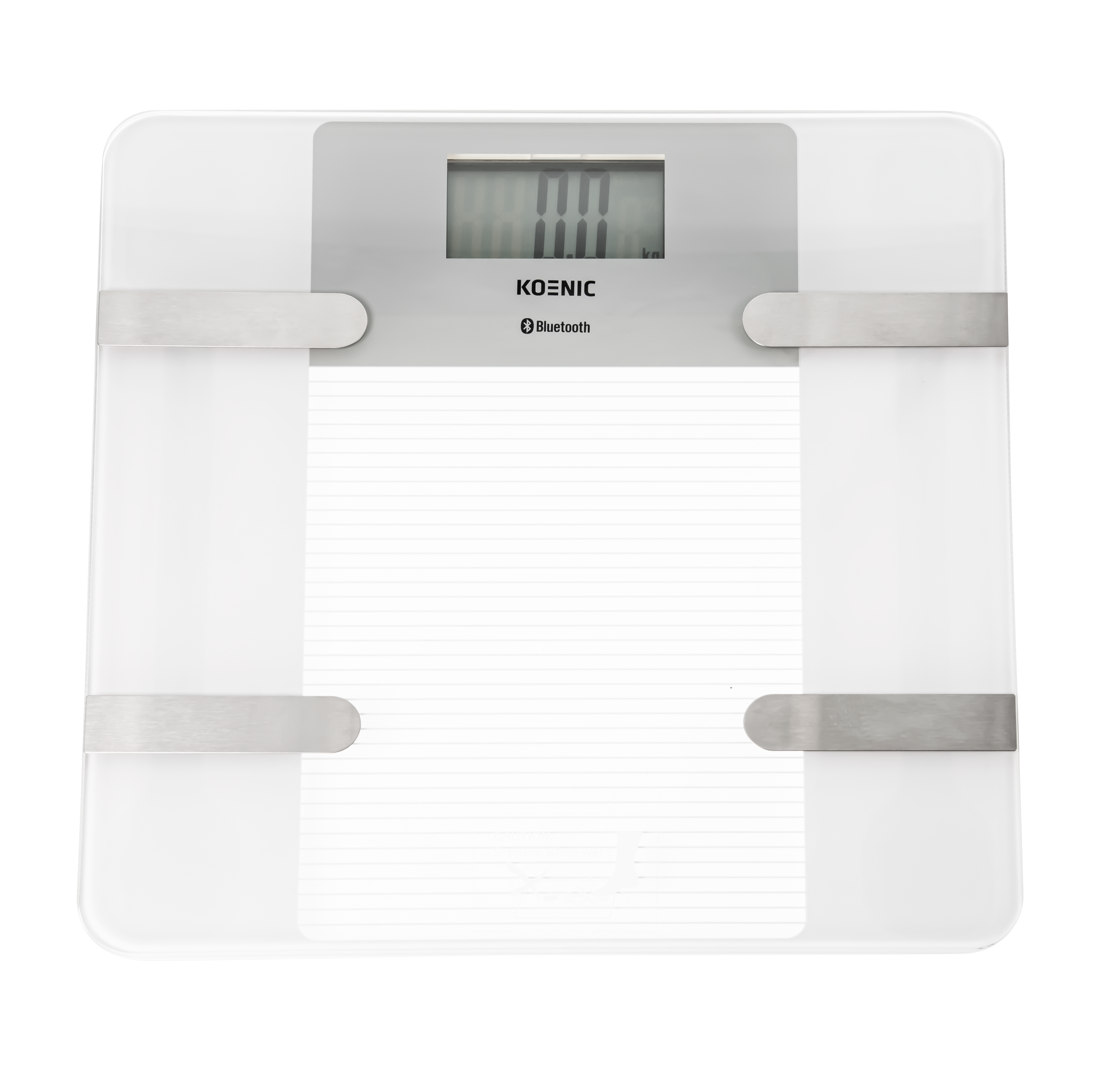 Biała waga cyfrowa z srebrnymi akcentami i wyświetlaczem LCD.