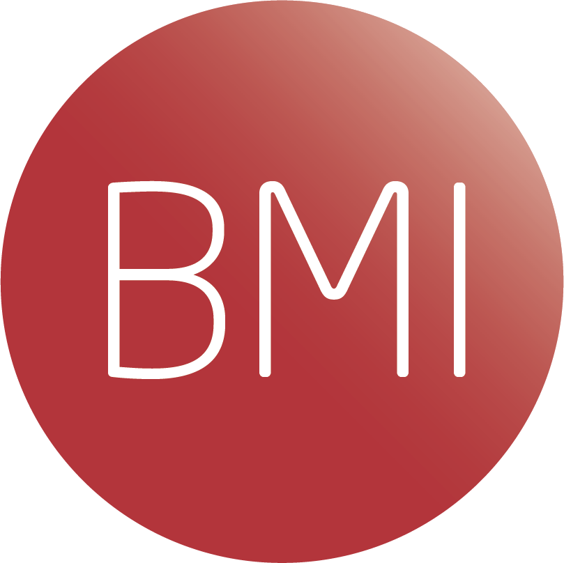 Czerwone koło z białymi literami BMI.