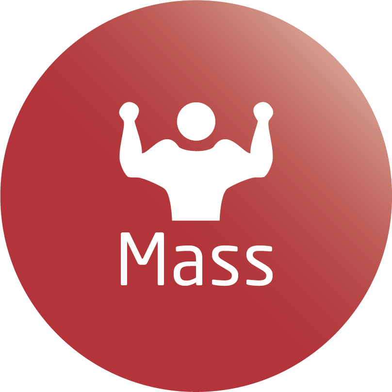 Biała ikona umięśnionego ciała nad słowem "Mass" na czerwonym okręgu.
