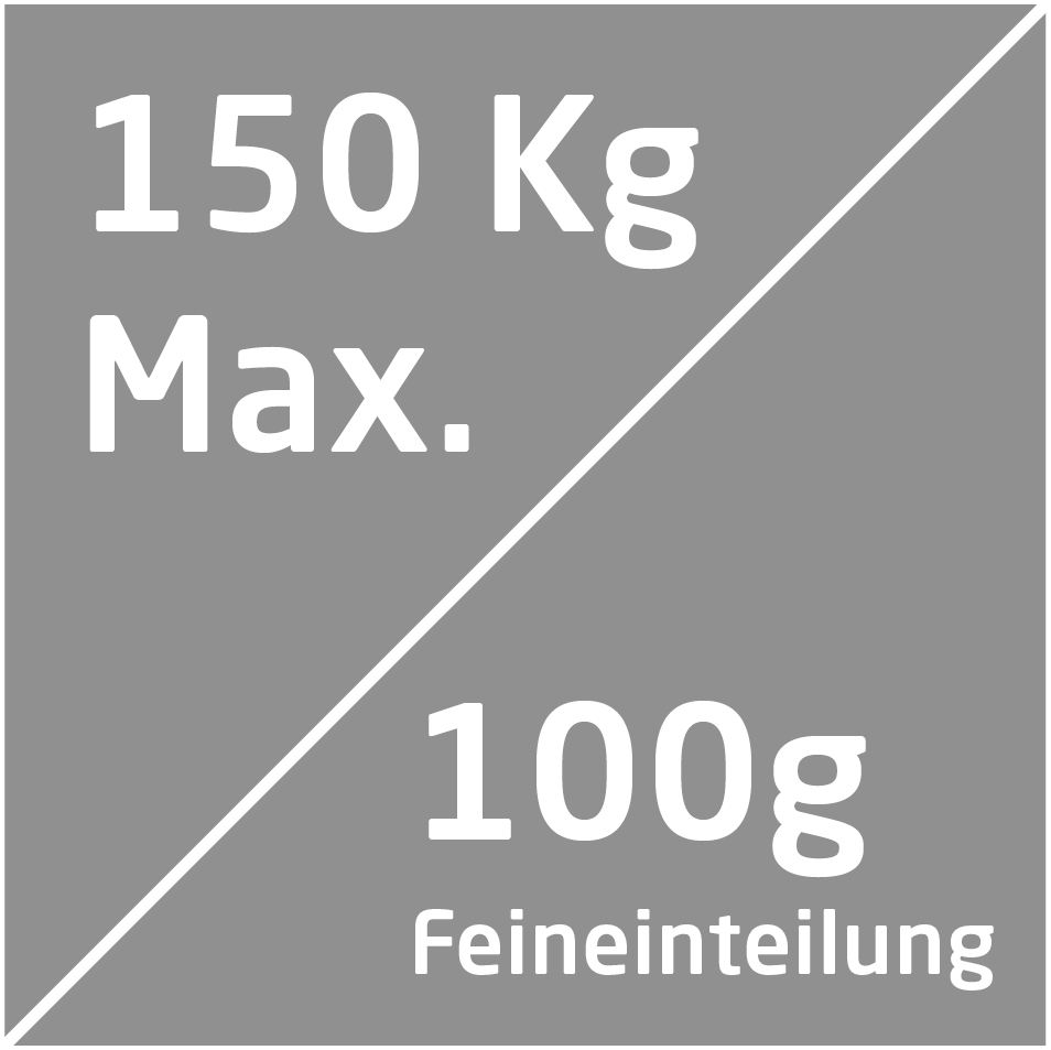 150 kg max. 100g podział drobny na szarym tle.