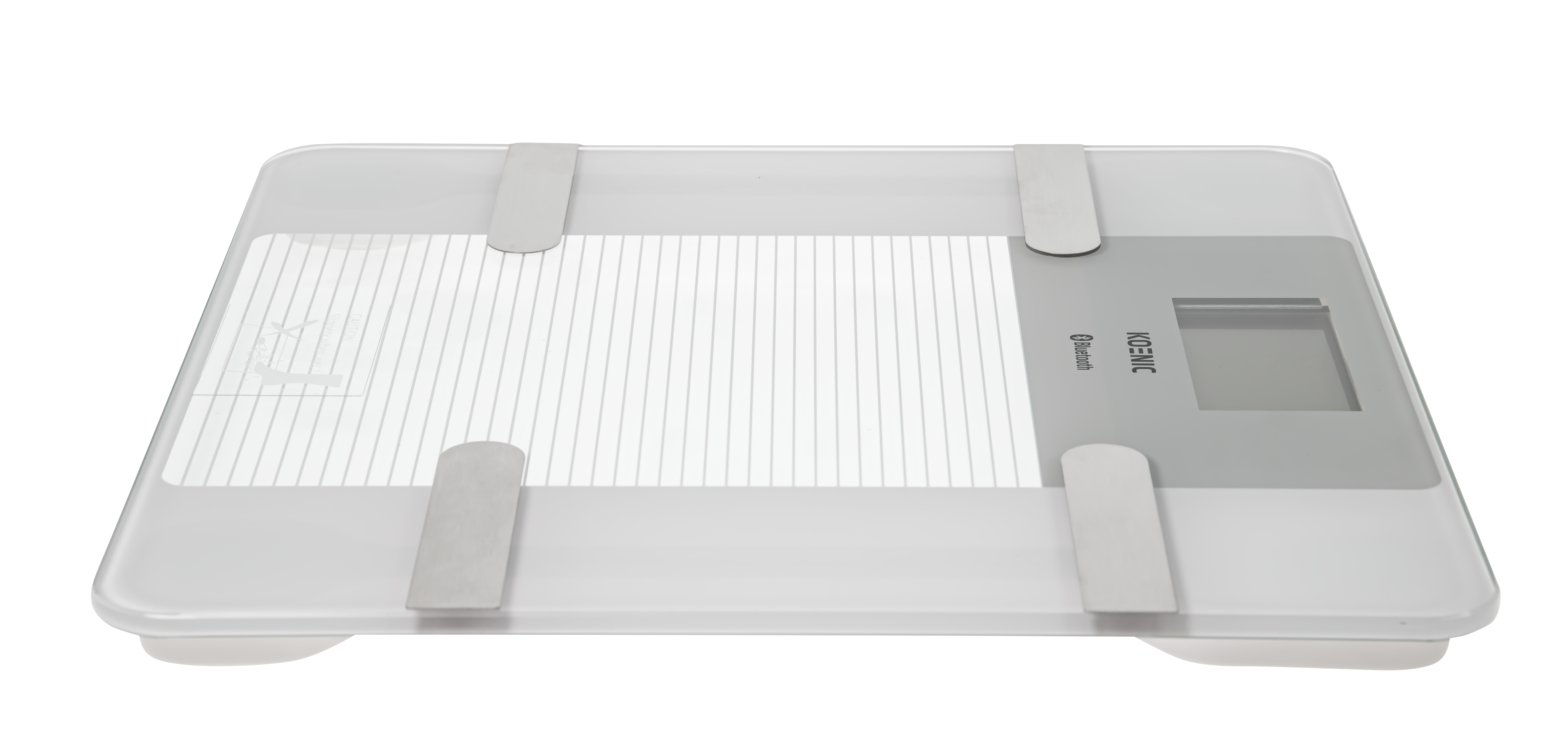 Biała cyfrowa waga łazienkowa z szklaną powierzchnią i szarymi akcentami.