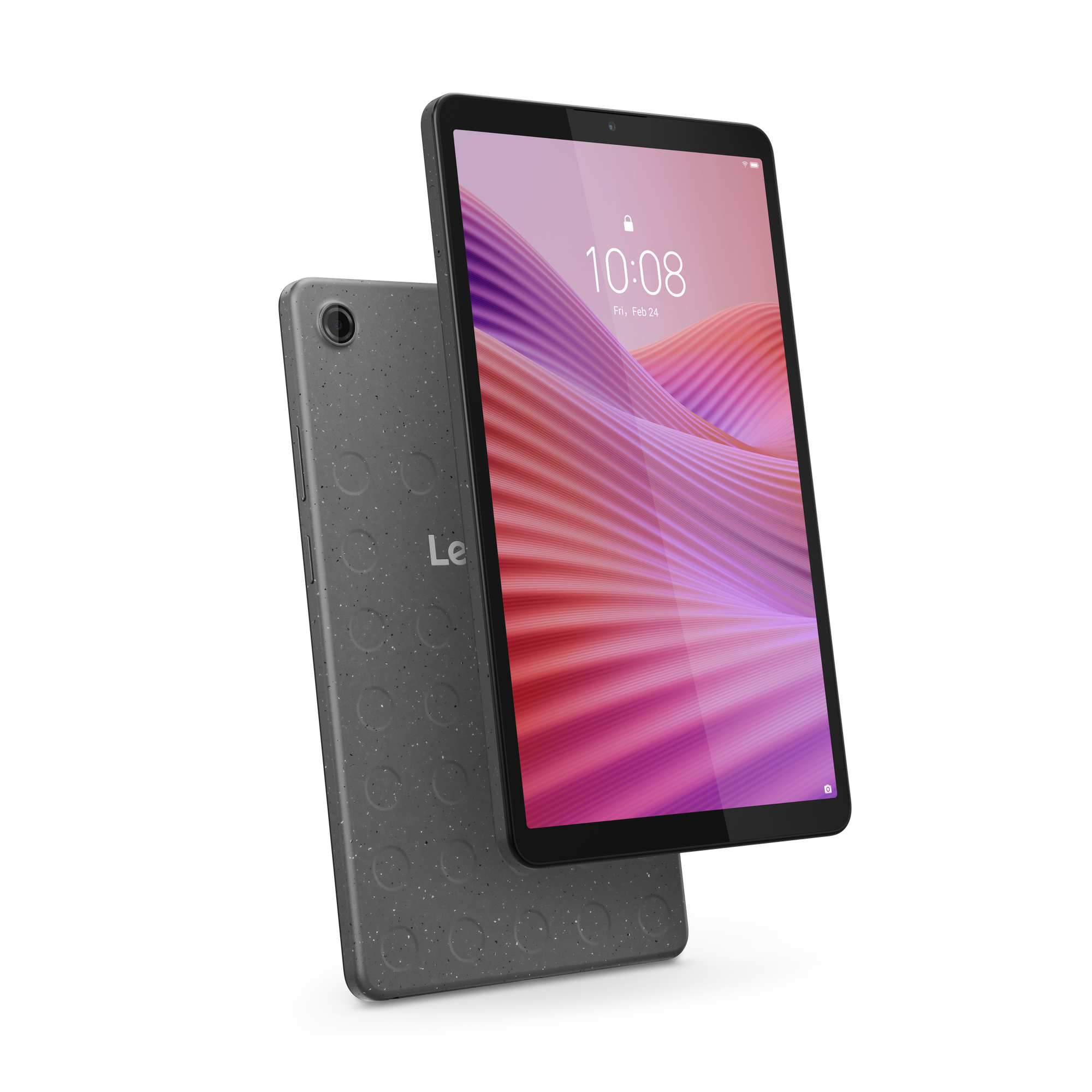 Szary tablet Lenovo ze wzorzystym tyłem i kolorową tapetą w fale.