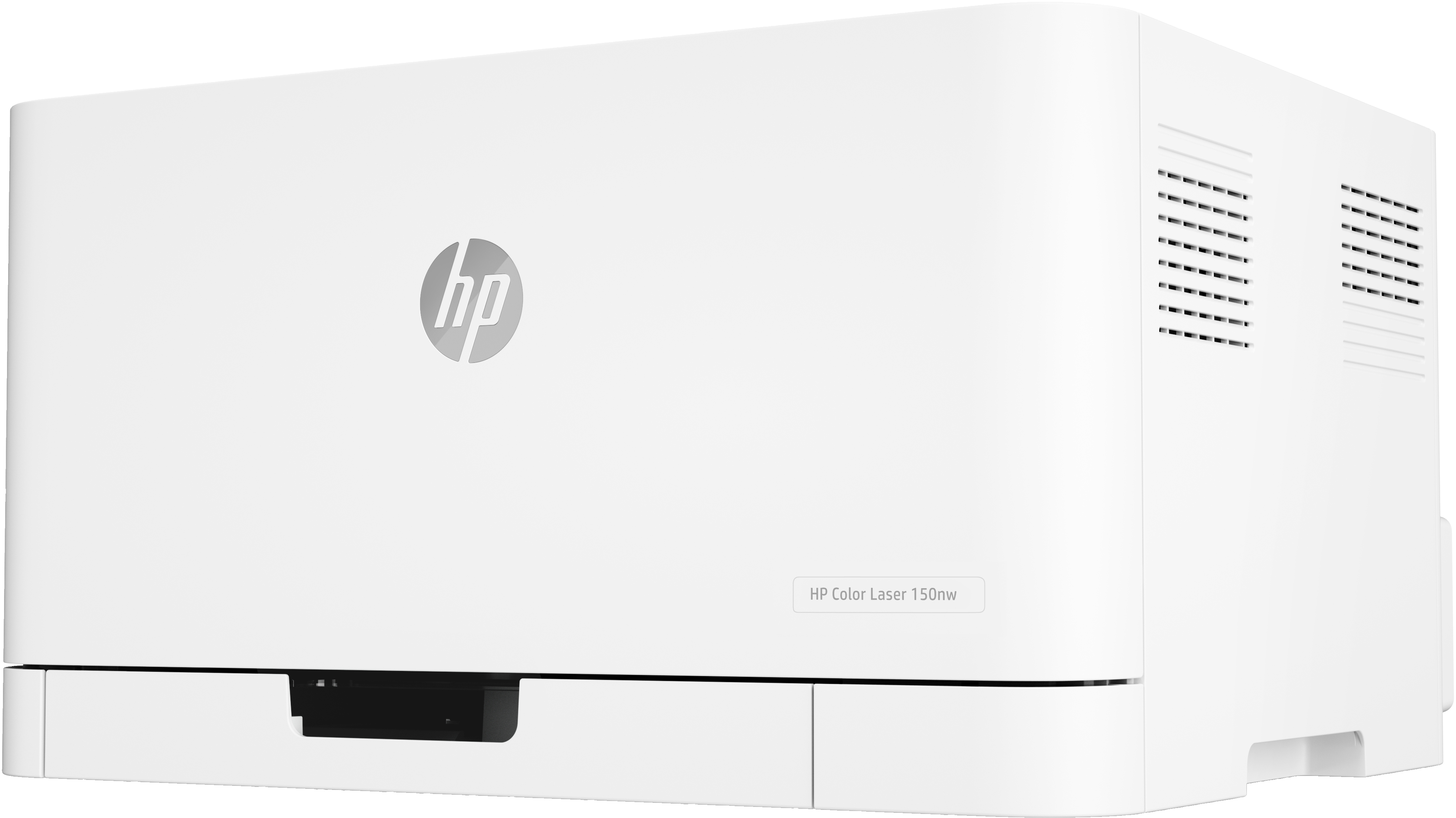 Biała drukarka HP Color Laser 150nw z logo HP z przodu.