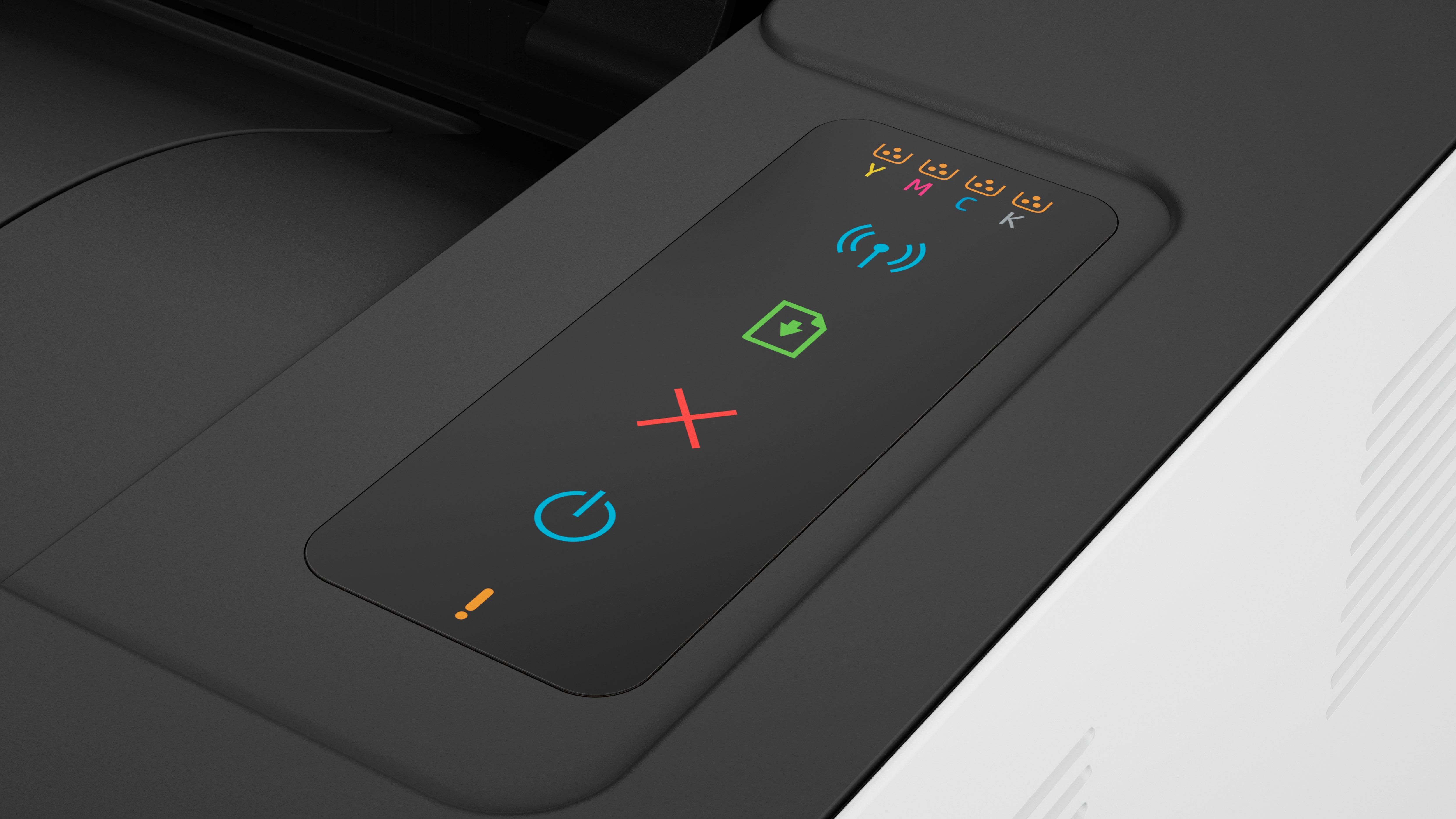 Panel sterowania drukarki z ikonami: YMCK, Wi-Fi, pobieranie, stop, zasilanie i ostrzeżenie.