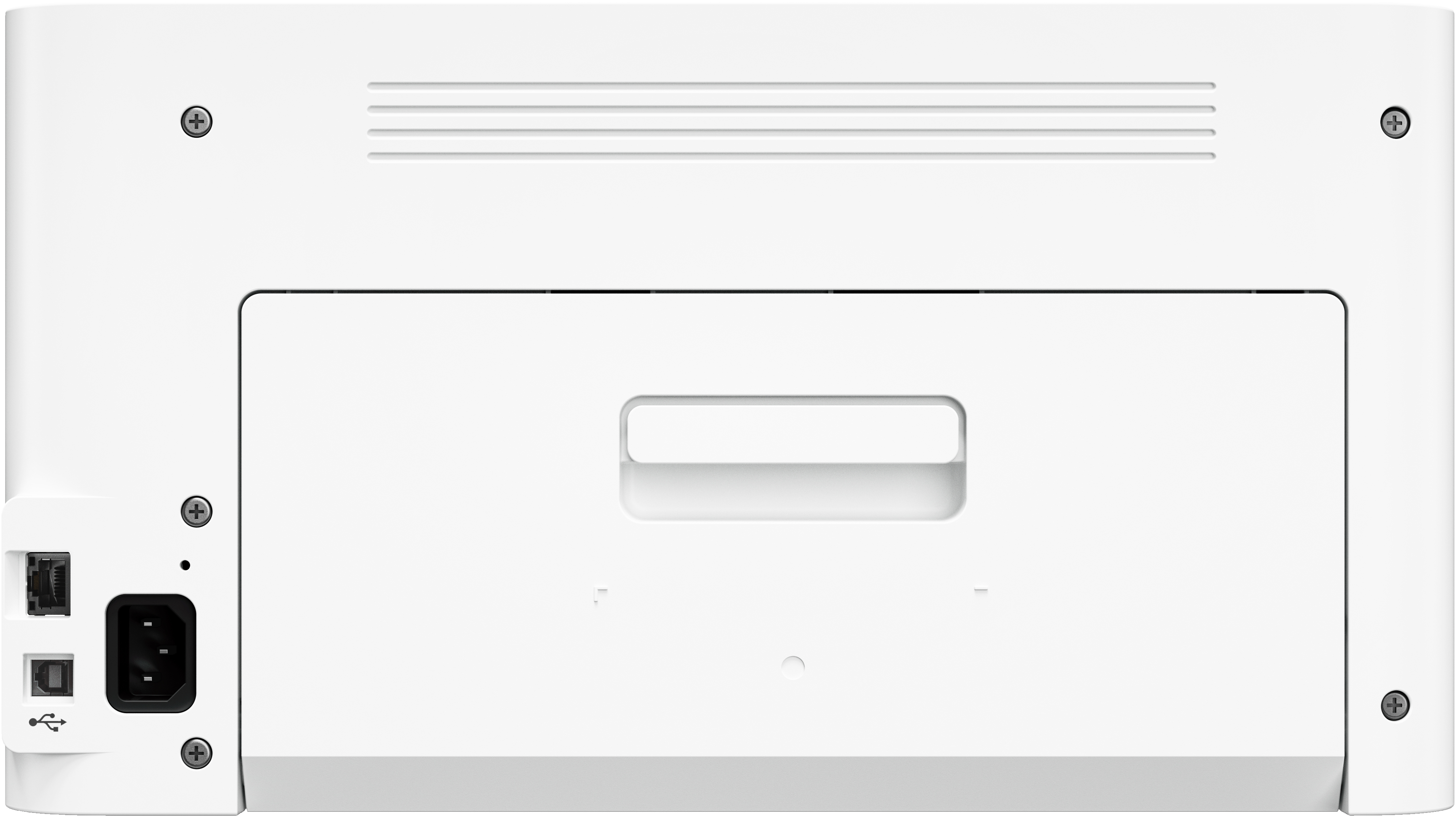 Tył białej drukarki z portami Ethernet, USB i zasilania.