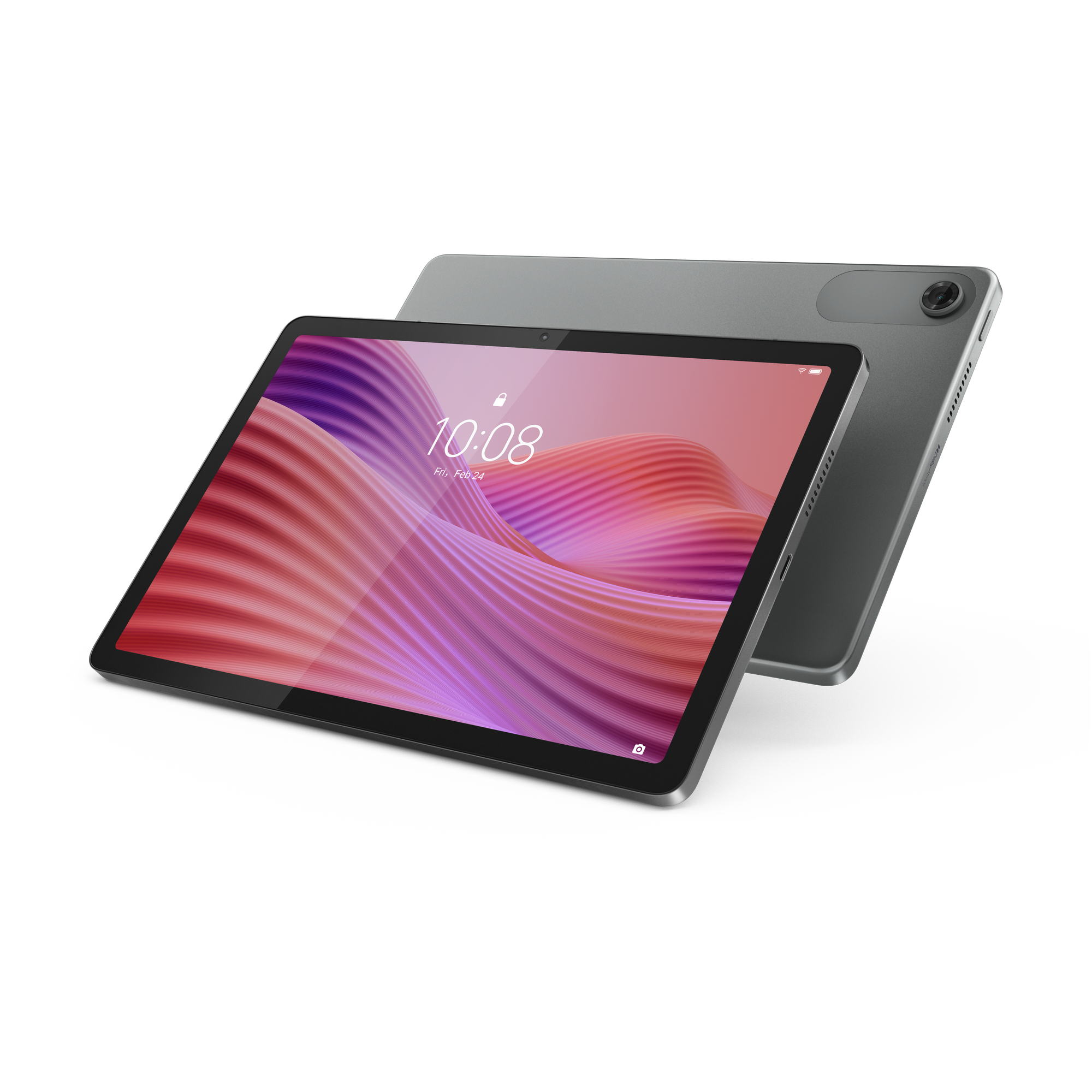 Szary tablet z zablokowanym ekranem wyświetlającym abstrakcyjny wzór fal.