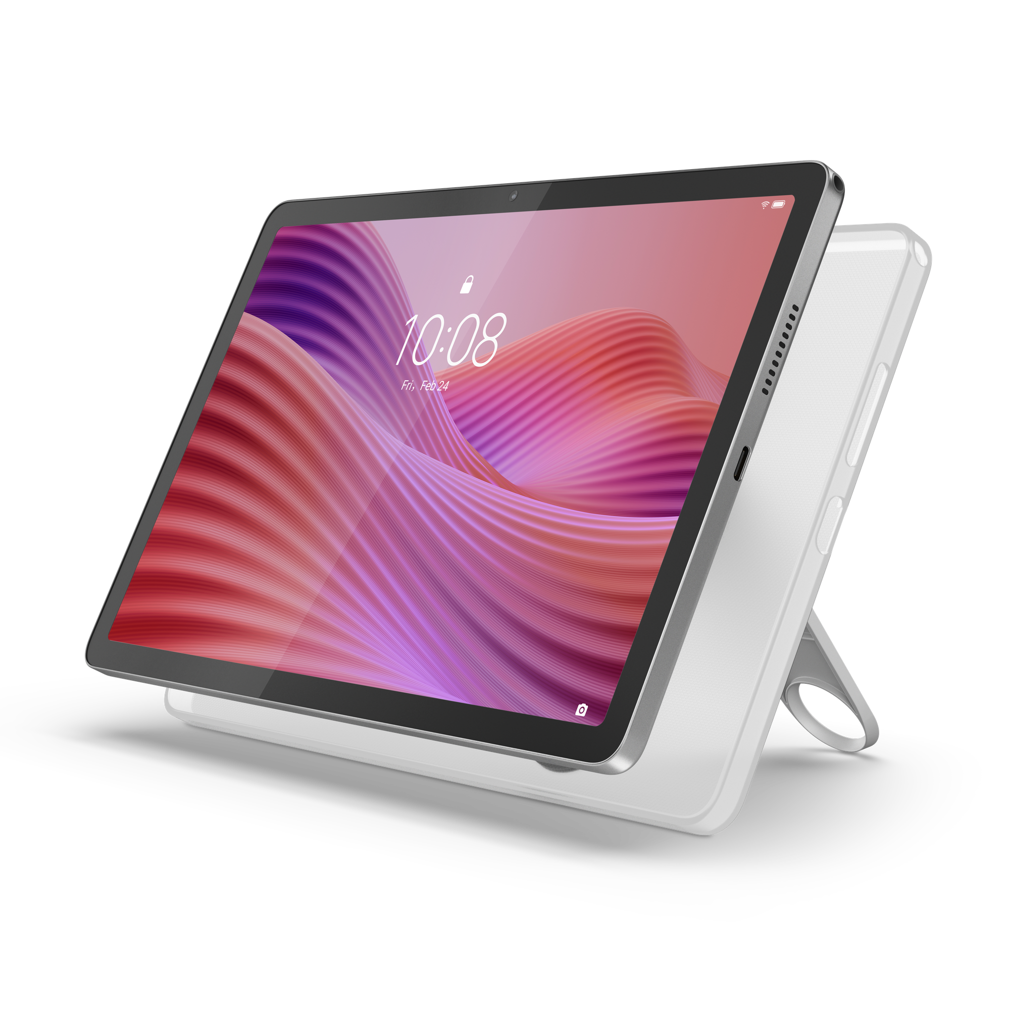 Srebrny tablet z kolorowym tłem i podstawką, na czarnym tle.