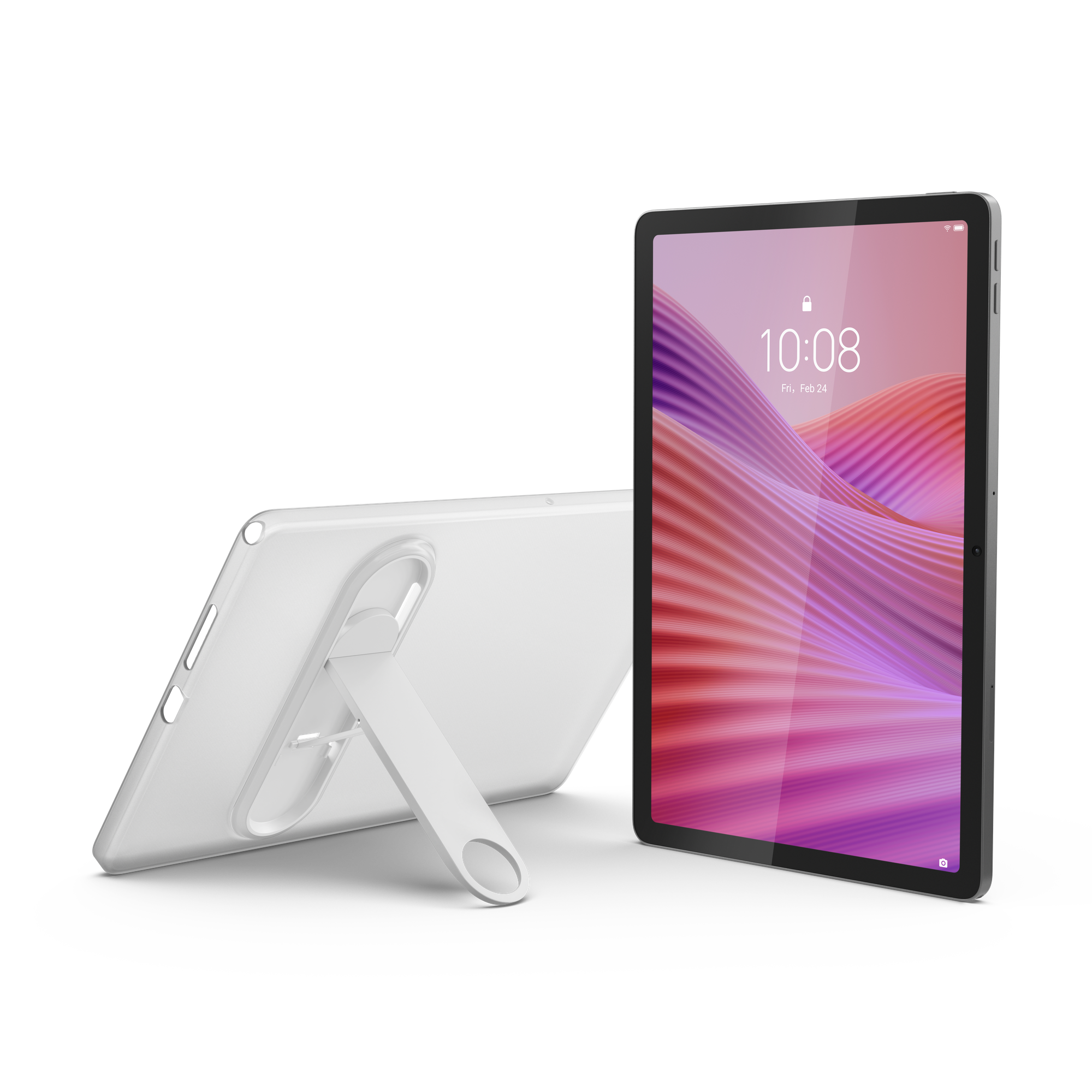 Srebrny tablet z białym stojakiem na czarnym tle.