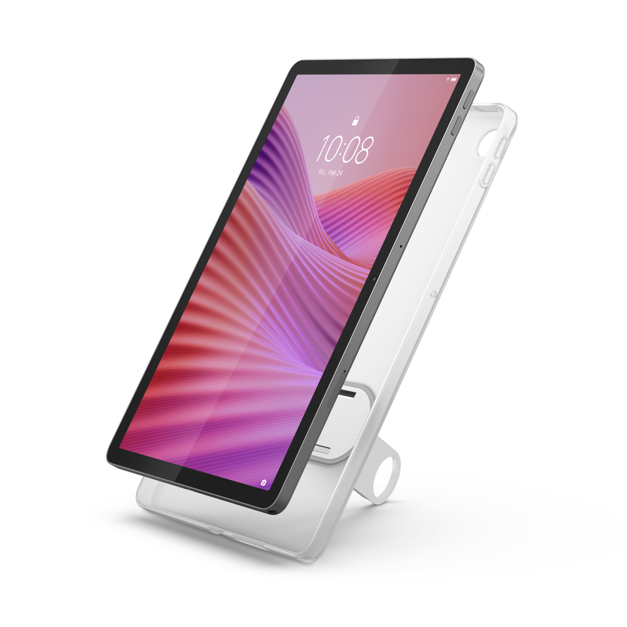 Srebrny tablet z różowo-fioletowym falistym wzorem na ekranie.