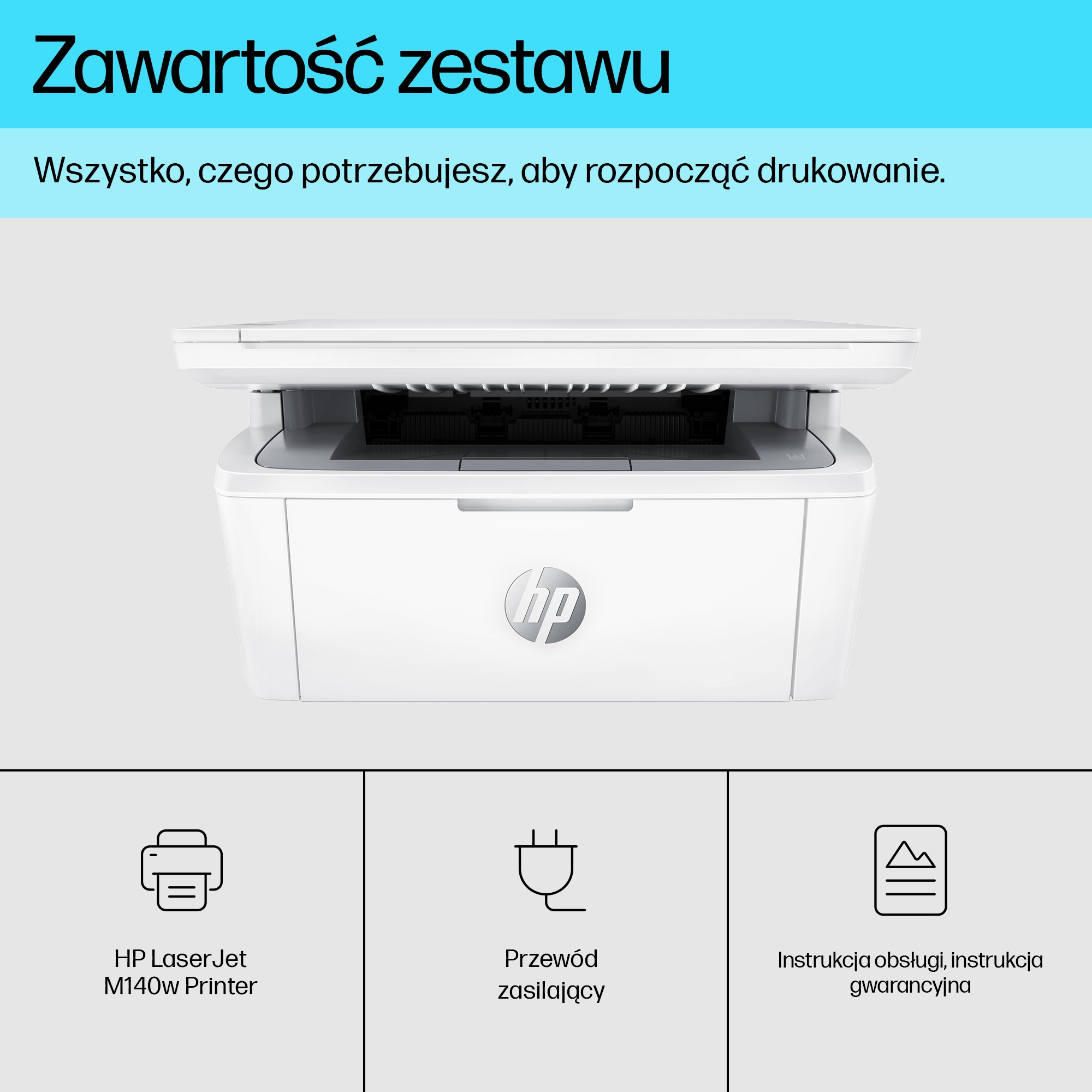 Biała drukarka HP LaserJet M140w z kablem zasilającym i instrukcją.