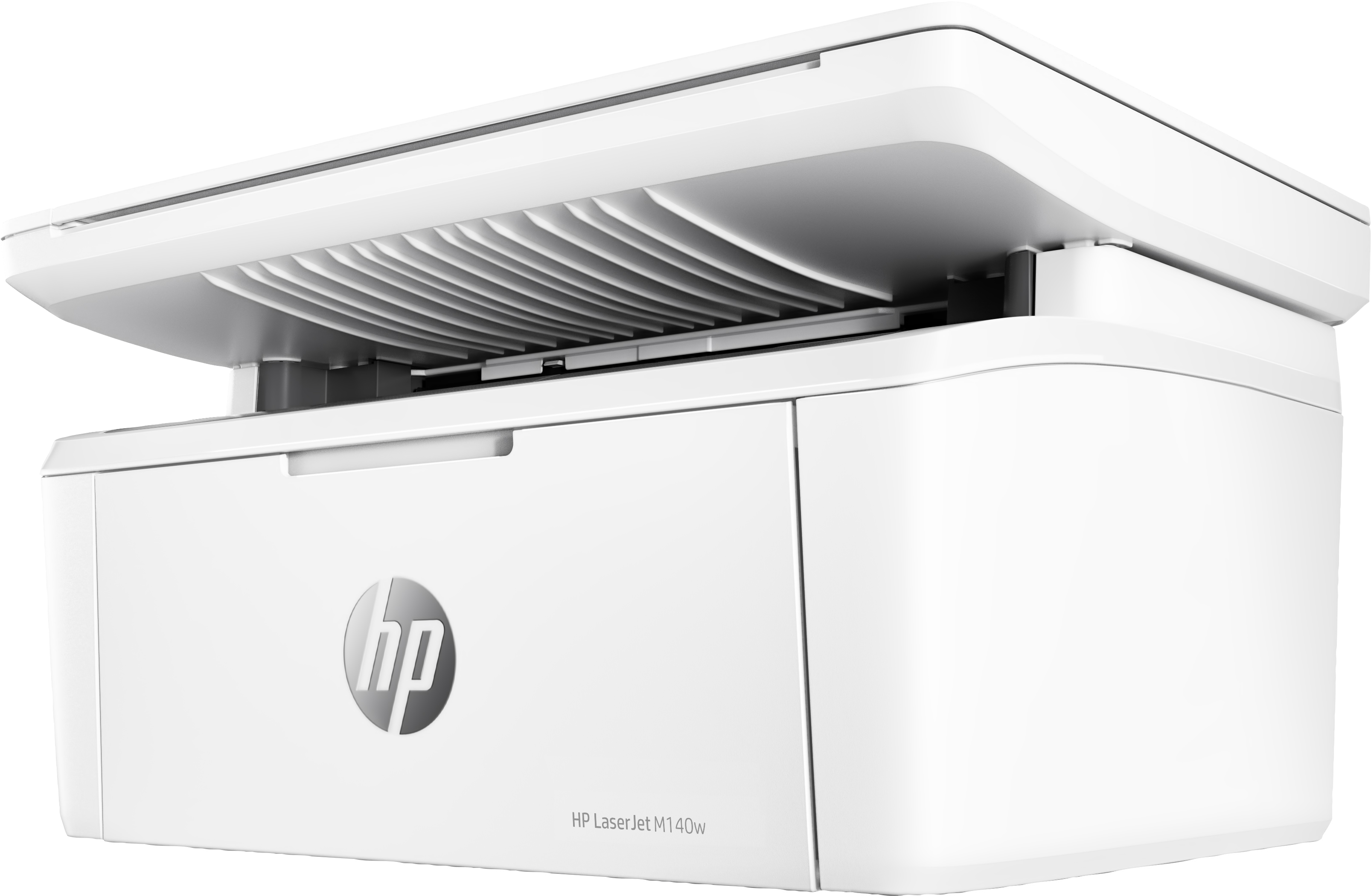 Biała drukarka HP LaserJet M140w z otwartą pokrywą.