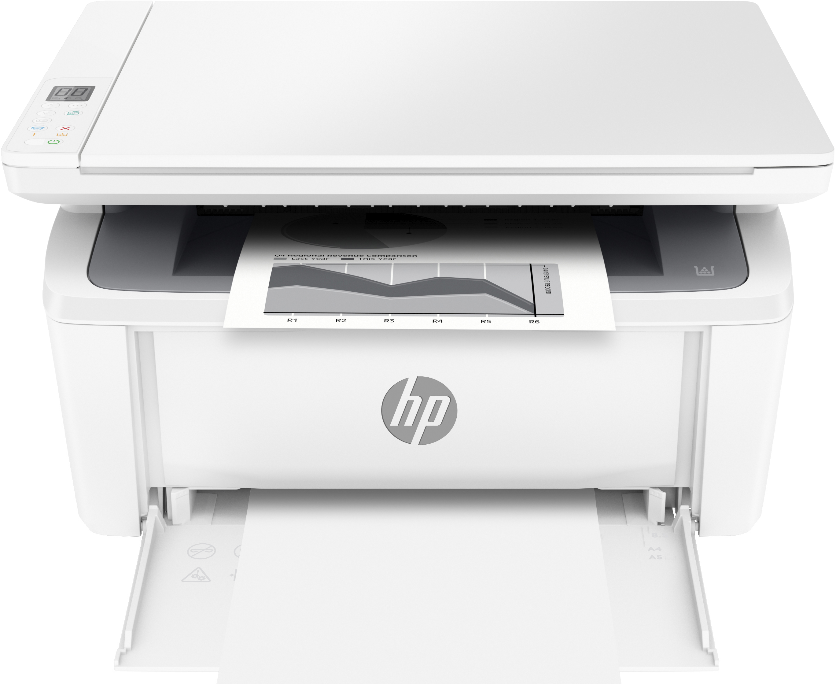 Biała drukarka HP drukuje wykres liniowy. Posiada panel sterowania.