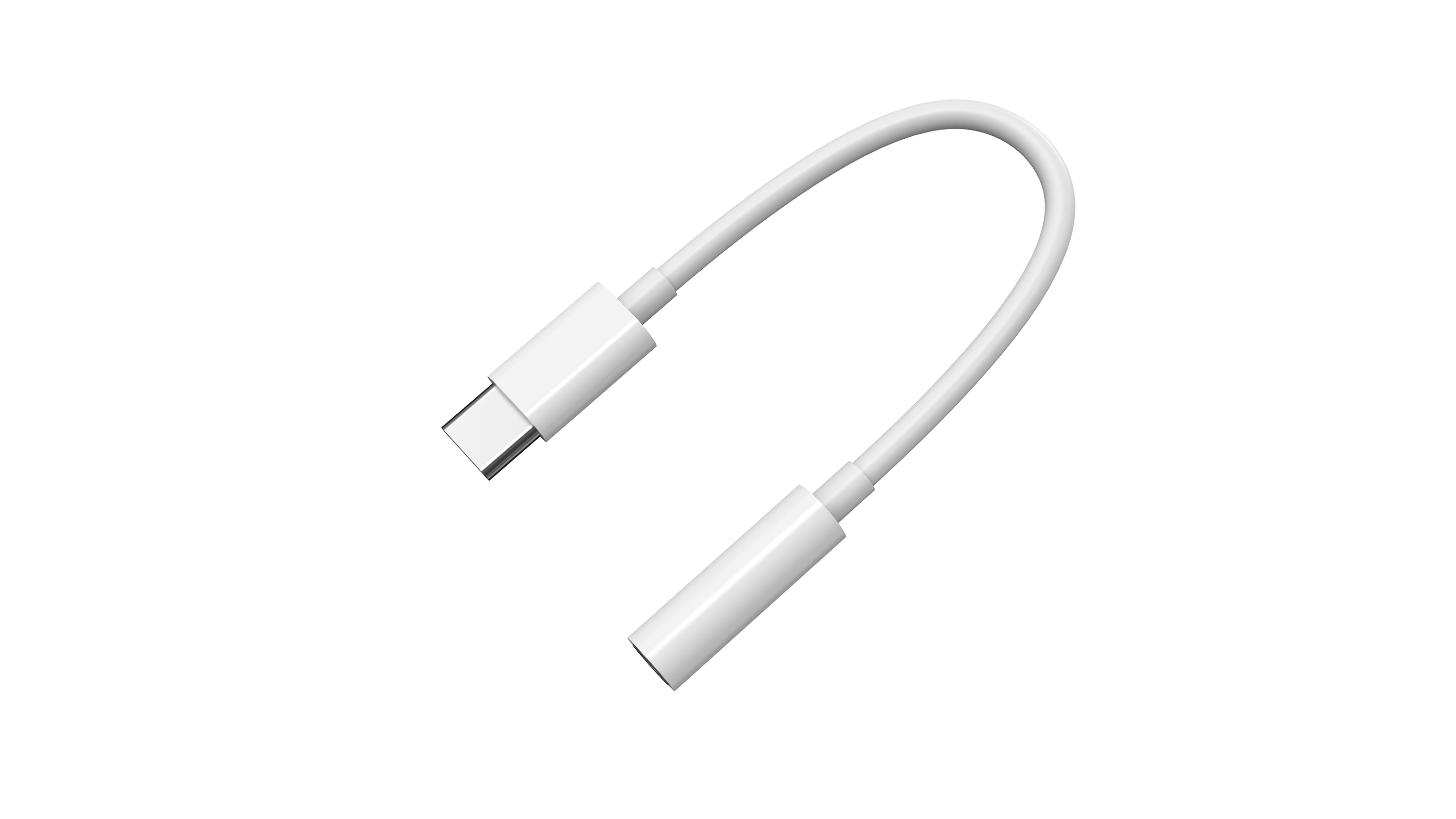 Biały kabel USB-C do 3,5 mm ze srebrnymi złączami na czarnym tle.
