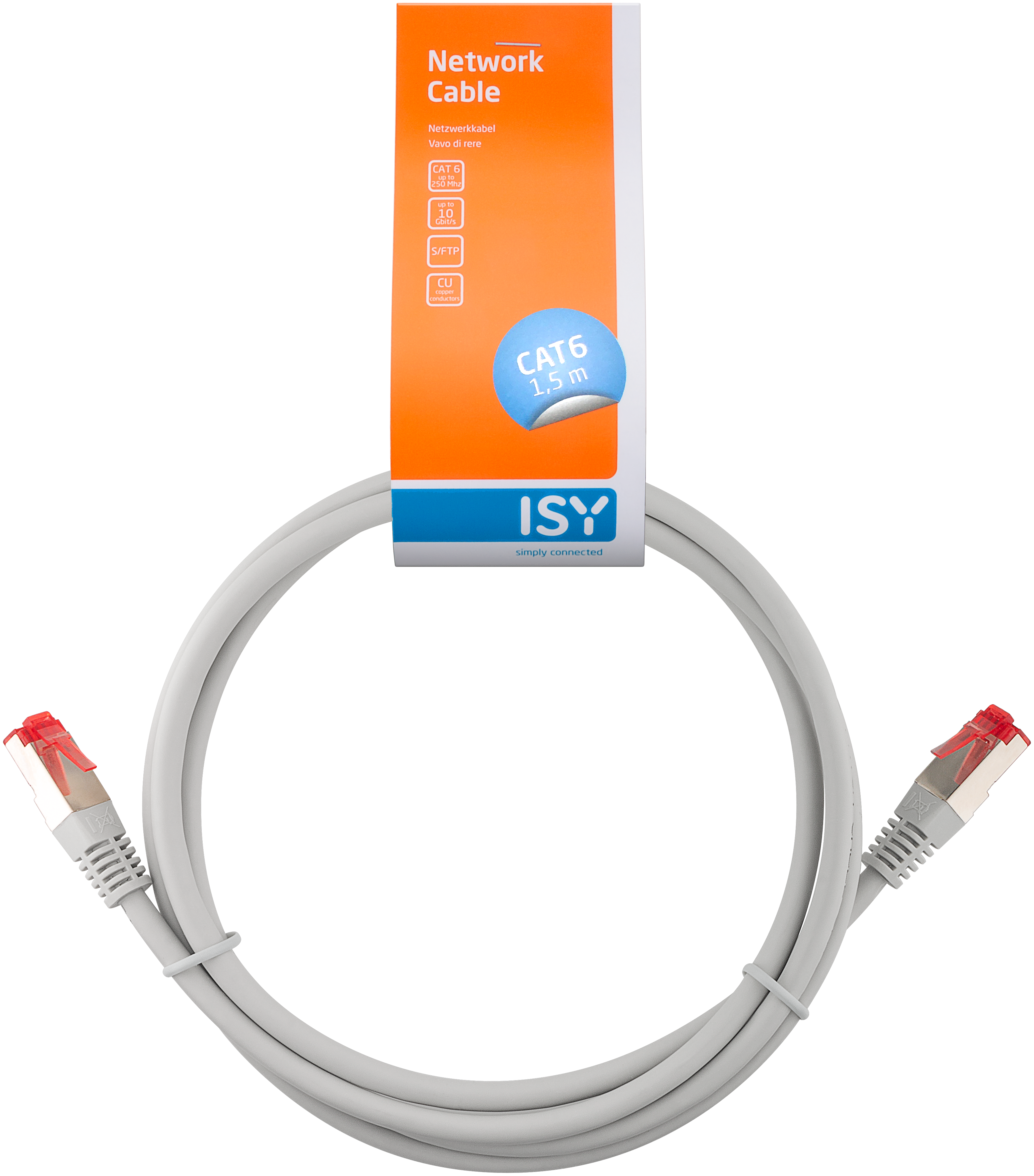 Szary kabel sieciowy CAT6 1,5m z czerwonymi złączami, na czarnym tle.