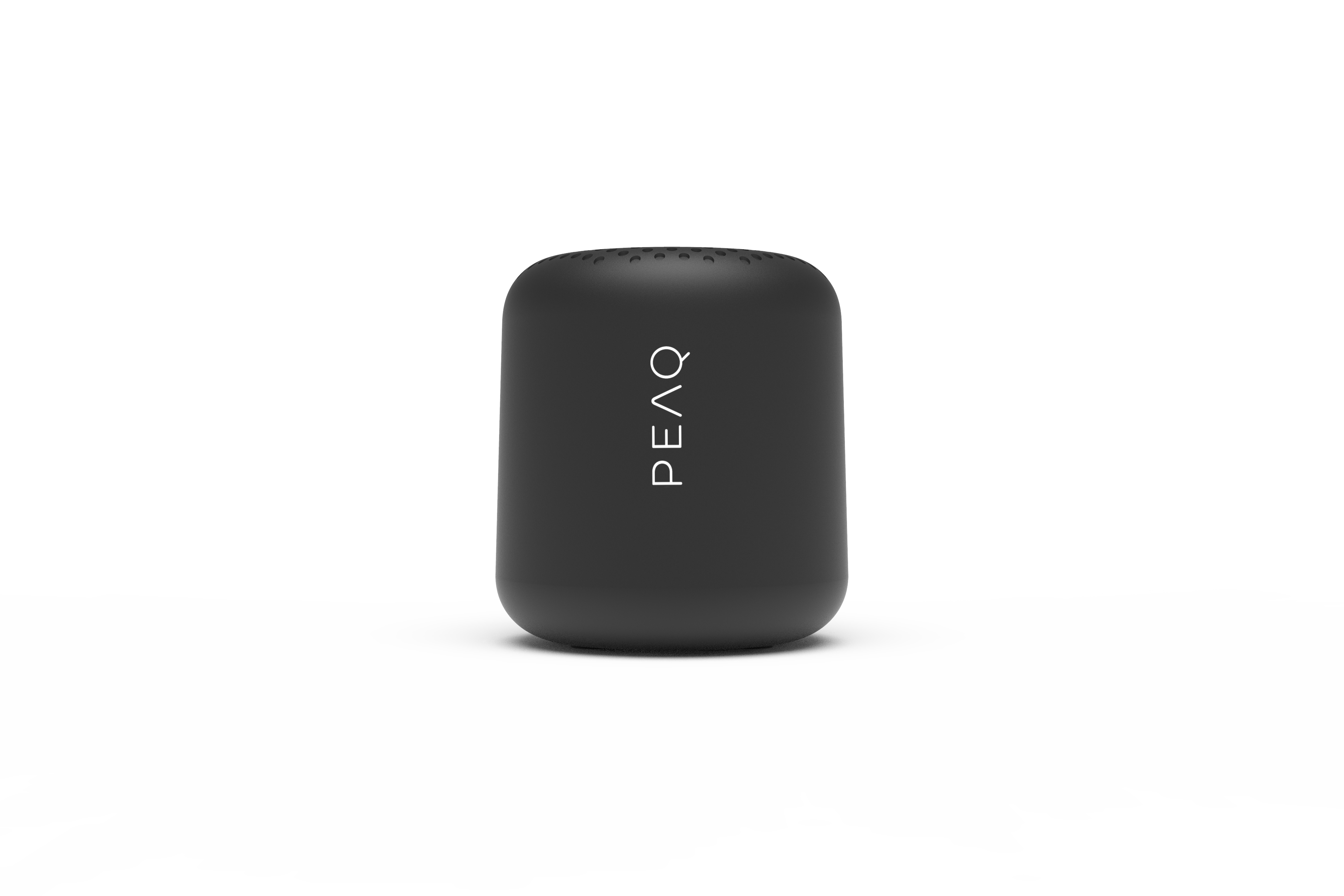 Ciemny, cylindryczny głośnik z logo PEAQ.