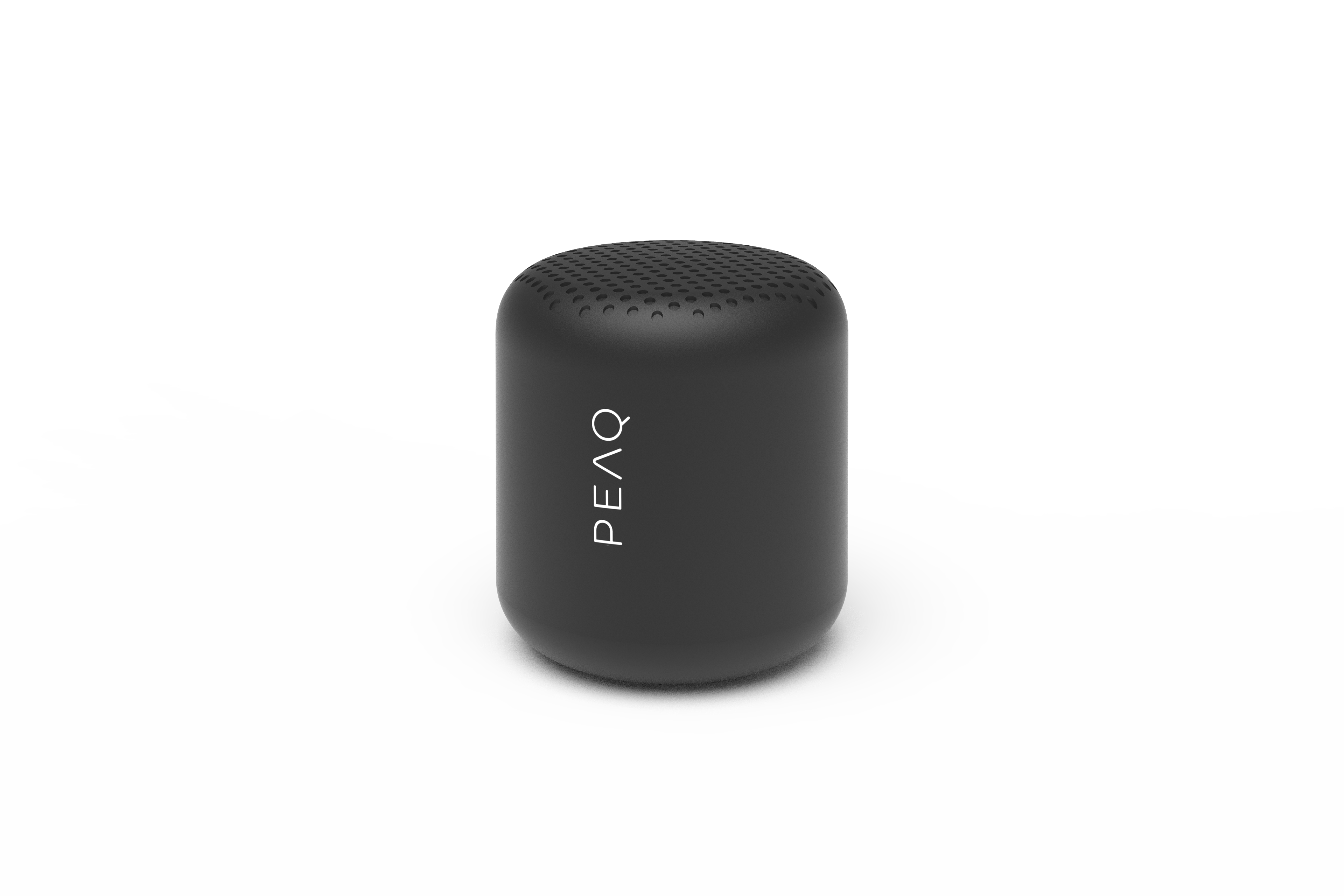Ciemny, cylindryczny głośnik z wentylowaną górą i białym logo.