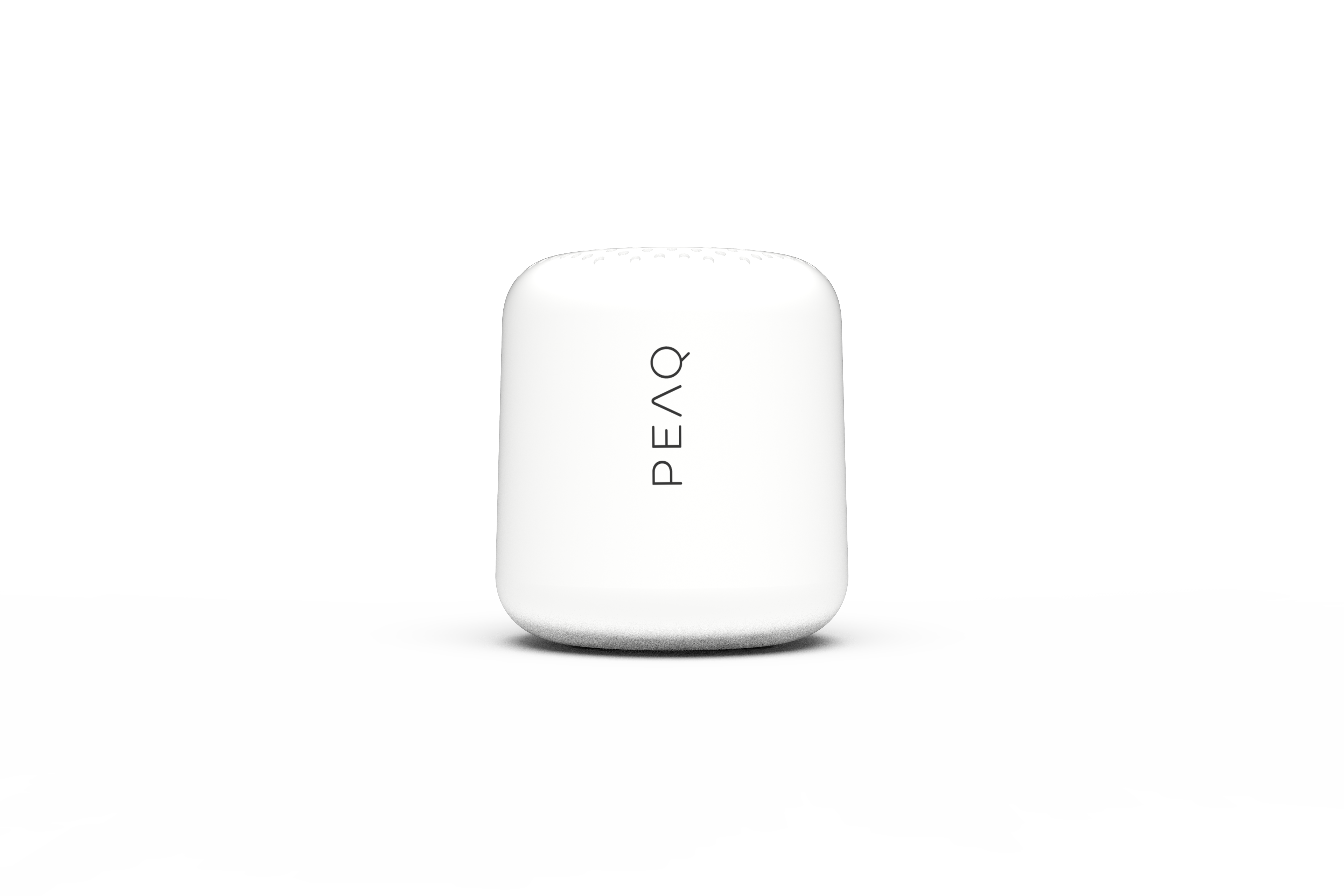 Biały, cylindryczny głośnik z logo PEAQ.