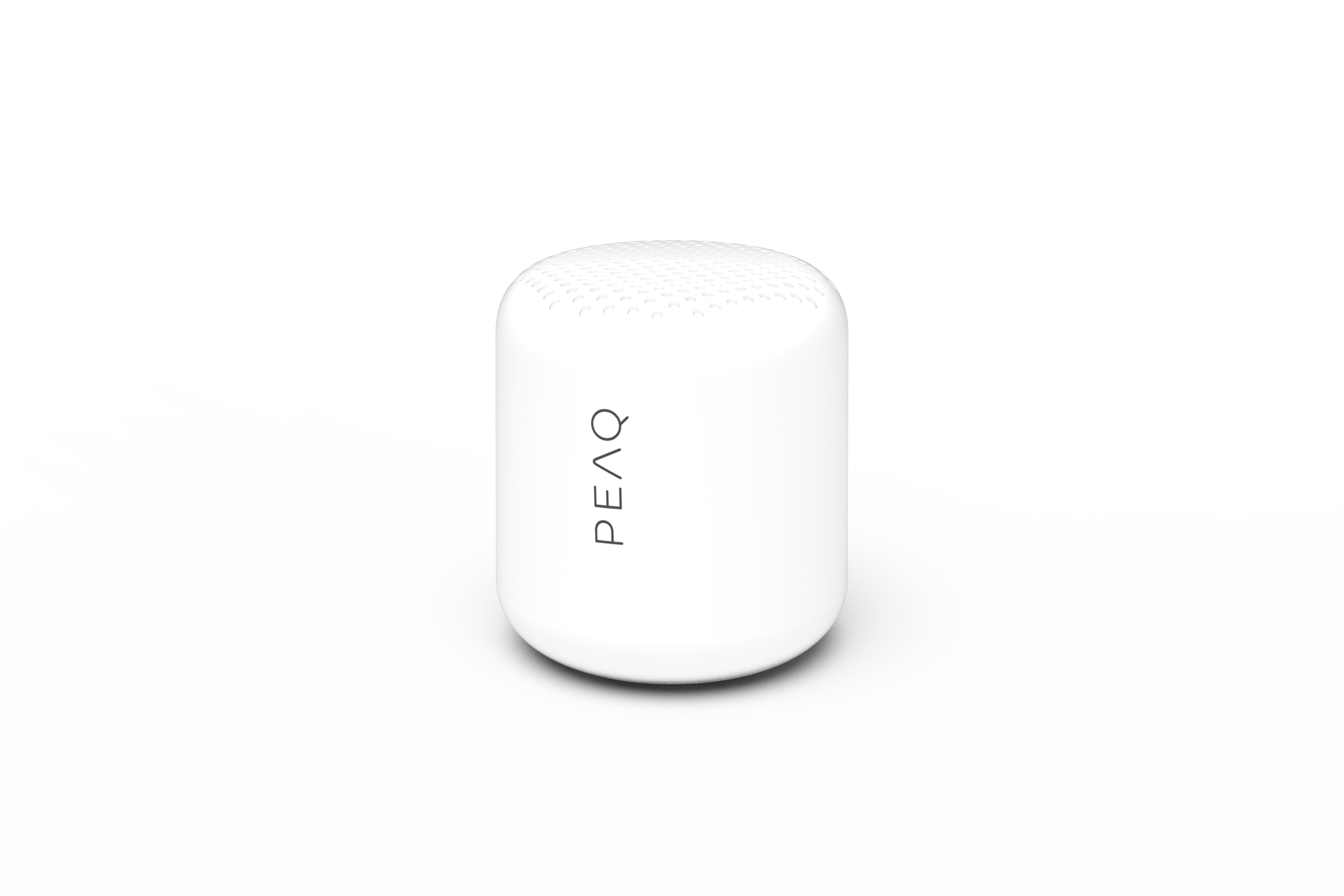 Biały, cylindryczny głośnik z logo "PEAQ" na czarnym tle.