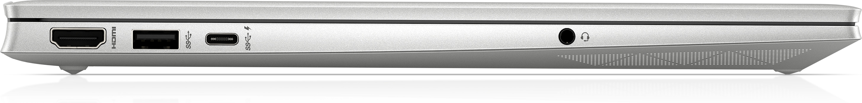 Srebrny laptop z portami HDMI, USB-A, USB-C i gniazdem słuchawkowym.