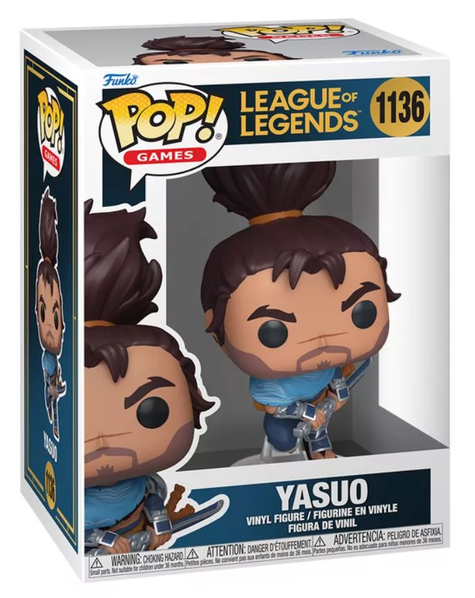 Funko Pop Yasuo figura a League of Legendsből a dobozában.