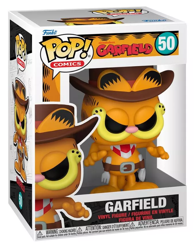 Garfield Funko Pop bakelit figura cowboyként, kalappal és piros kendővel.