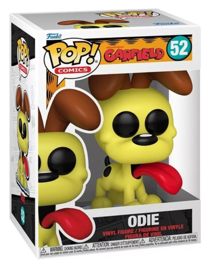 Egy sárga Funko Pop! Odie barna fülekkel, piros nyelvvel és fekete szemekkel.
