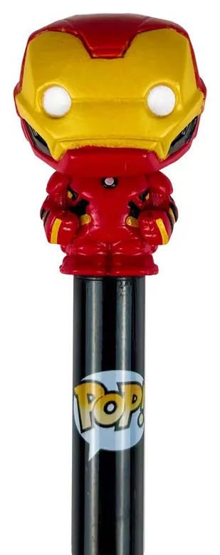 Iron Man Funko Pop toll sárga sisakkal és piros ruhával, fekete száron.