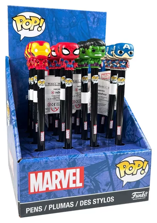 Marvel Pop! tollak Iron Man, Pókember, Hulk és Amerika Kapitány figurákkal, kihelyező dobozban.