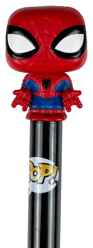 Piros Funko Pop toll Spiderman fejjel és "Pop!" logóval.