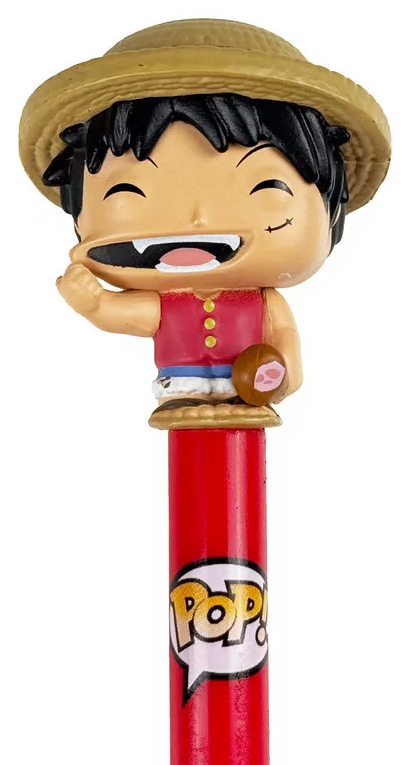 Figura szalmakalappal, piros inggel és kék rövidnadrággal, piros POP! logós tollon.