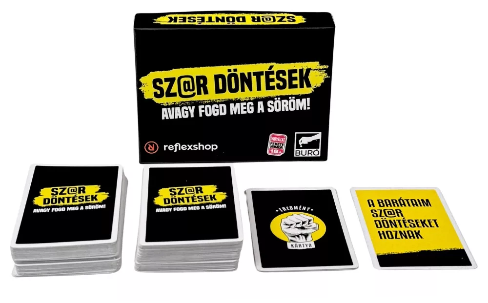 Játékkártyák fekete alapon sárga feliratokkal.