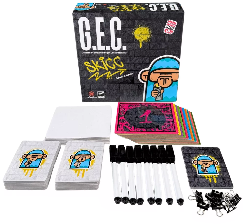 Játékkártya-készlet filctollal, kapcsokkal és játéktáblával. A játék neve: G.E.C. SKICC.