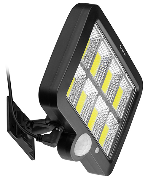 Czarny reflektor LED z czujnikiem ruchu i regulowanym mocowaniem.