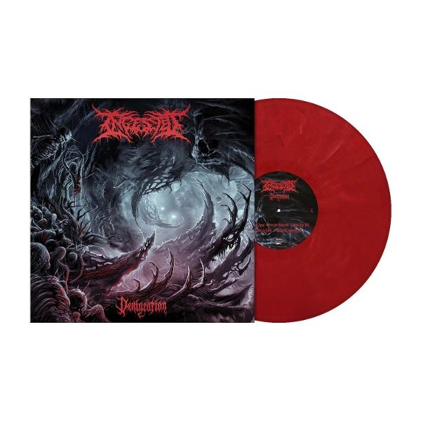Ein rotes Vinyl mit einem dunklen, dämonischen Albumcover, das einen Totenkopf zeigt.