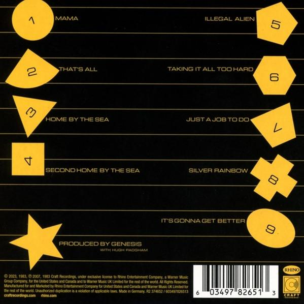 Schwarzer Hintergrund mit gelben geometrischen Formen und Songtiteln. Produziert von Genesis.