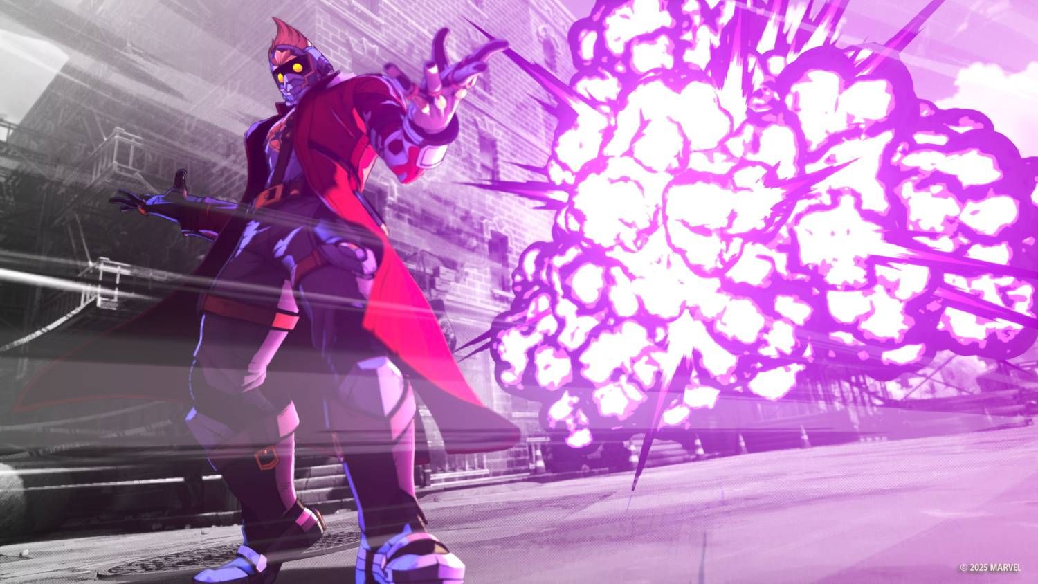 Un personaje con abrigo rojo ante una explosión púrpura en una ciudad.
