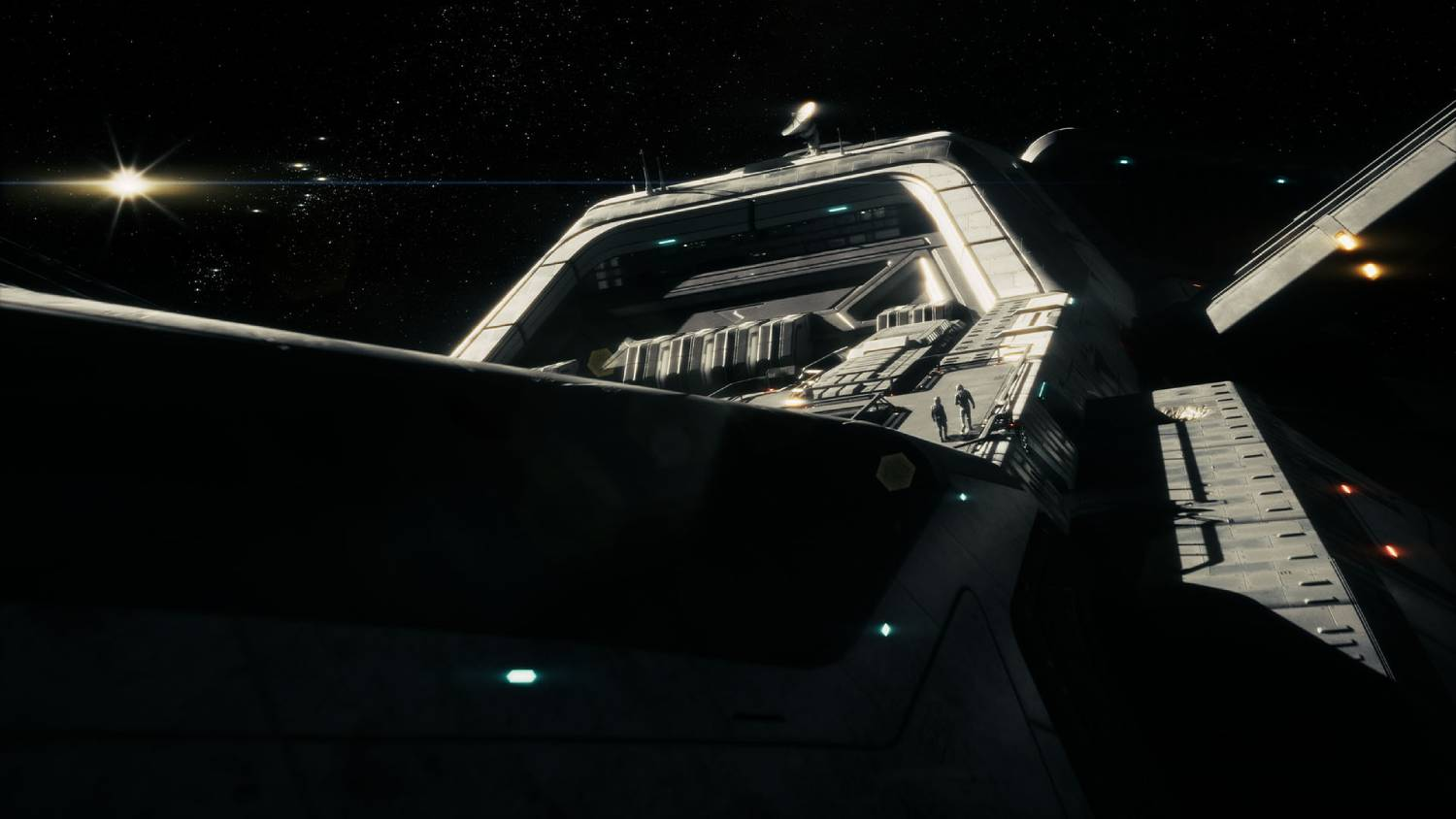 Una nave espacial vuela en el cielo estrellado, dos figuras en la rampa.