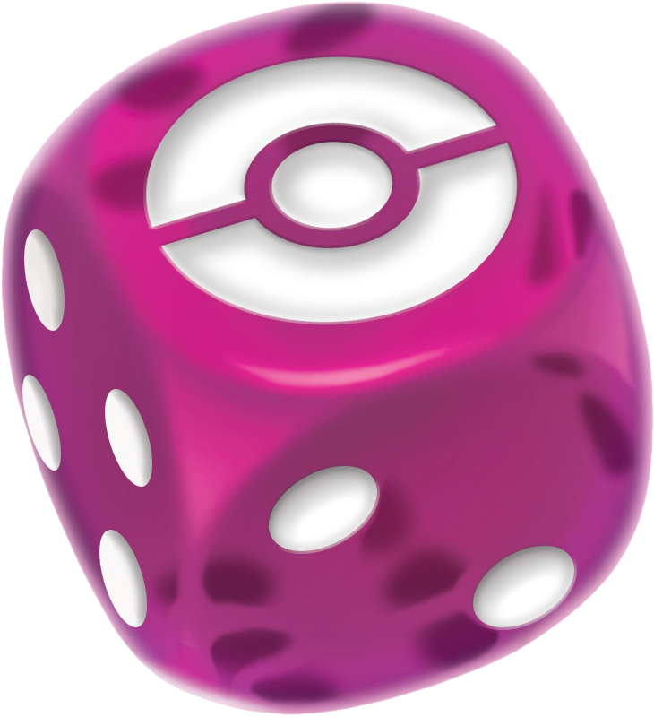 Ein glänzender, pinker Würfel mit einem Pokeball-Symbol und weißen Punkten.
