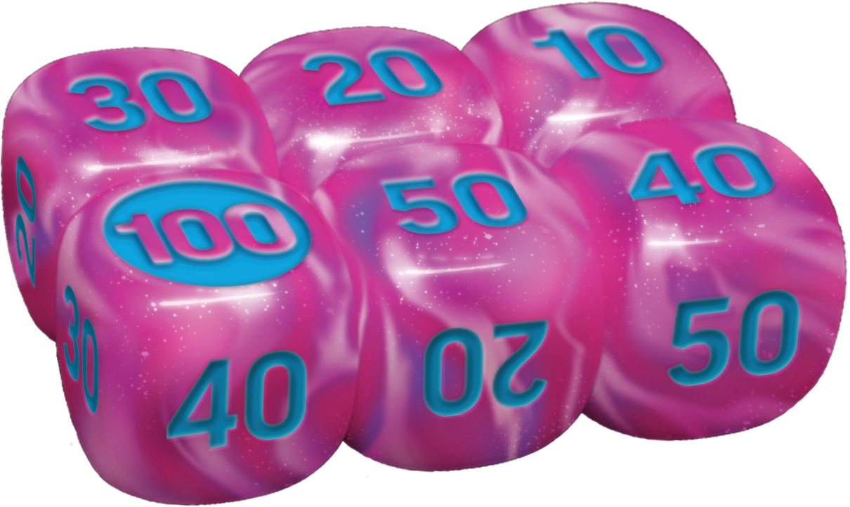 Sechs rosa Würfel mit blauen Zahlen: 10, 20, 30, 40, 50, 100.