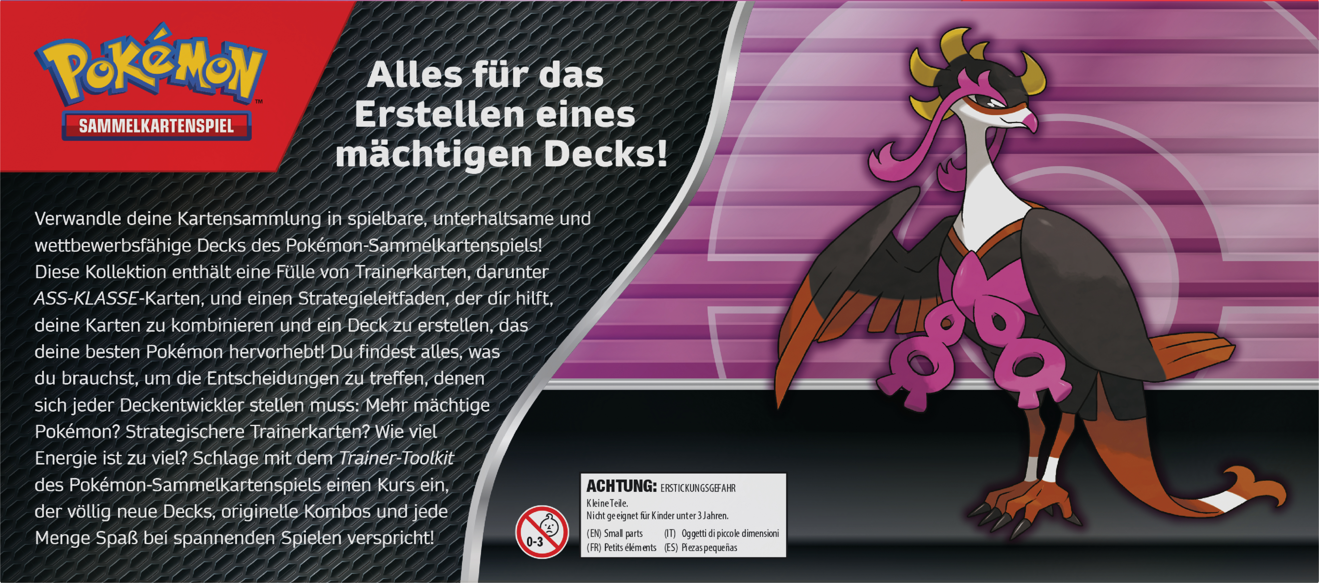Pokémon Sammelkartenspiel: Ein Vogel-Pokémon mit rosa und schwarzen Federn auf lila Hintergrund.