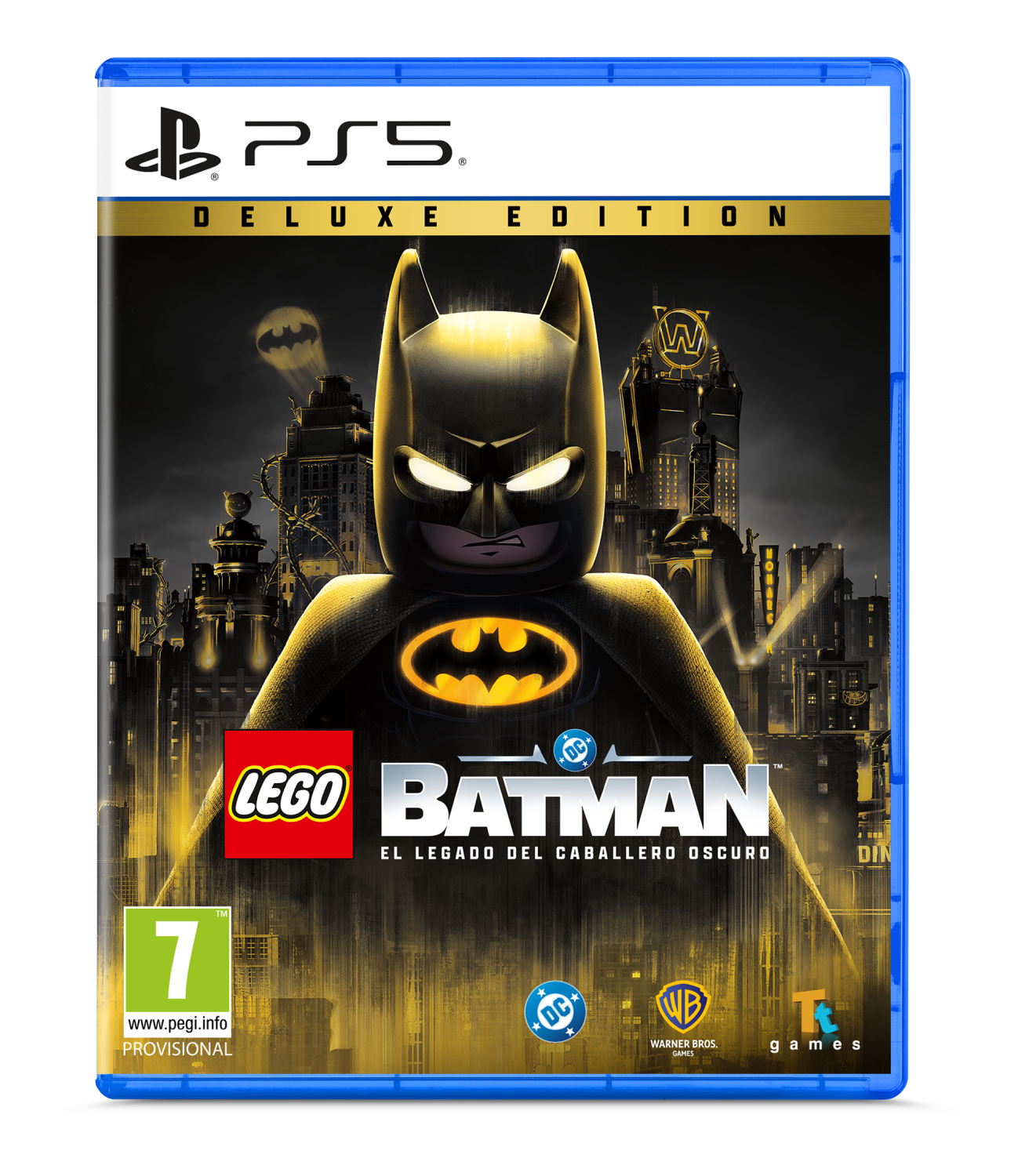 Portada de PS5 Lego Batman Edición Deluxe con Batman al frente y Gotham City de fondo.
