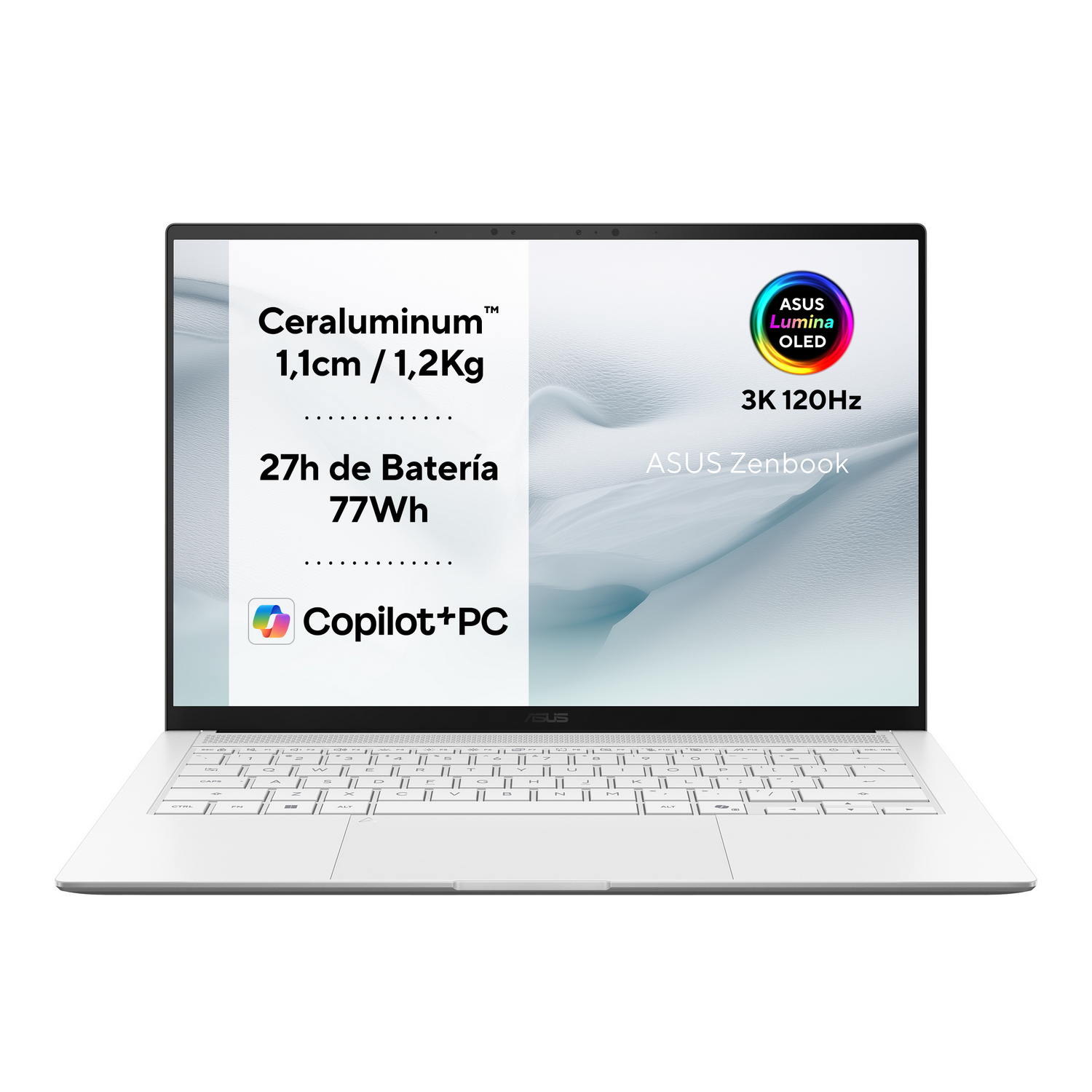 Portátil ASUS Zenbook blanco con Lumina OLED 3K 120Hz y Ceraluminum.